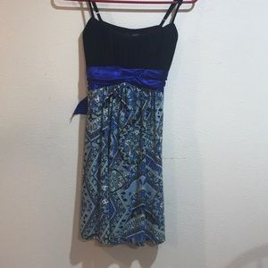 Black Dress with Blue Sash and Floral Detailing